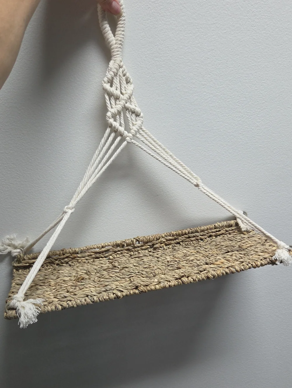 Natural Woven Hanging Shelf with Cream Macramé Rope